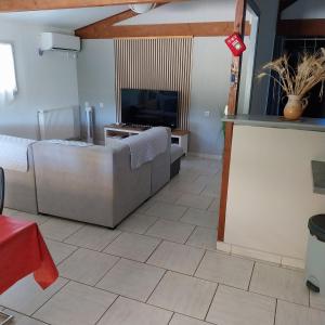 a living room with a couch and a television at Gites panoramique in Sainte-Livrade-sur-Lot