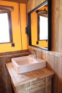 a bathroom with a sink and a mirror at Lodge in de Ijsmolenhoeve in Ronse +32 photos