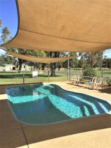 a swimming pool with a wooden umbrella over it at Junee Tourist Park in Junee