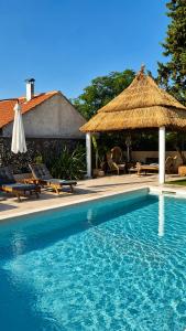 a resort with a swimming pool with chairs and a straw umbrella at Green Residence Villa Zadar in Zadar