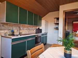 a kitchen with green cabinets and a table with a plant at Lieblingsplatz in Ebersburg