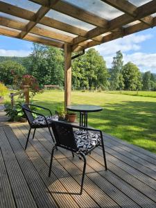a patio with a table and two chairs on a deck at Westmains Lodge in Callander