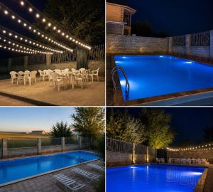 a pool with lights and a table and chairs next to it at Familia Капчагай in Kapchagay