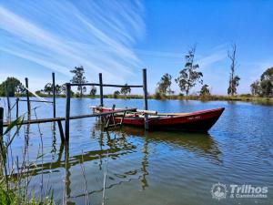 a boat is docked at a dock on a lake at Geninha Stay Aveiro in Aveiro