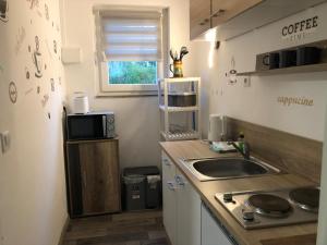a small kitchen with a sink and a microwave at FEWO Kutsch Watt Nr.3 in Cuxhaven