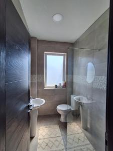 a bathroom with a sink and a toilet and a window at Berane Rooms in Berane