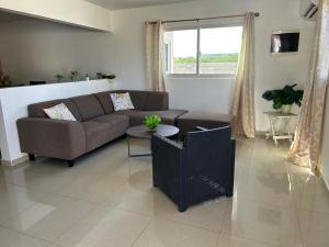a living room with a couch and a table at Hidden Gem Savaneta & Private Pool in Savaneta