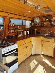 a kitchen with wooden cabinets and a stove at Green Bus in Beit Hillel +8 photos