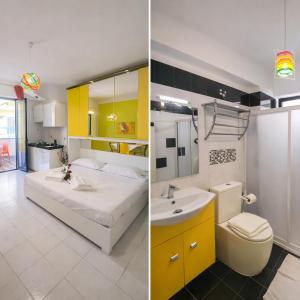 two pictures of a bedroom with a bed and a sink at LA BAIA DI NETTUNO Il Gatto e La Volpe in Venetico +48 photos