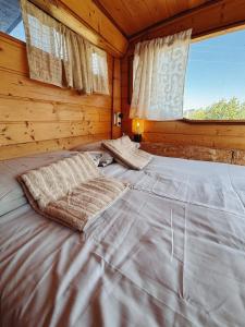 a large bed in a wooden room with a window at Green Bus in Beit Hillel