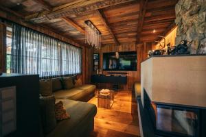 a living room with a couch and a tv at Alpin Chic by Alpe Chalets in Unterseefeld