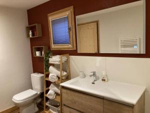 a bathroom with a sink and a toilet and a mirror at Spacious flat facing Mont Blanc in Combloux +9 photos