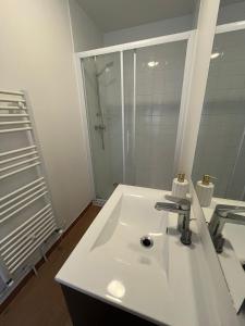 a white bathroom with a shower and a sink at Le Pavillon in Vendôme
