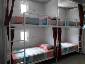 two bunk beds in a room with a window at Huize Jon Hostel in Malang