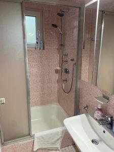 a bathroom with a shower and a tub and a sink at Blick ins Grüne in Idar-Oberstein +9 photos