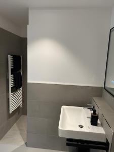 a bathroom with a white sink and a mirror at Moderne Studio Oase in Donaueschingen