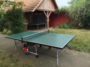 a ping pong table in front of a house at Levander Apartmenthouses in Makó