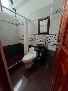 a bathroom with a toilet and a sink and a mirror at Hotel La Reserva INN in Ayacucho