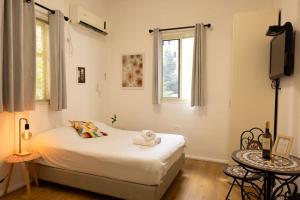 a bedroom with a bed and a tv and two tables at City Center Apartments in Haifa