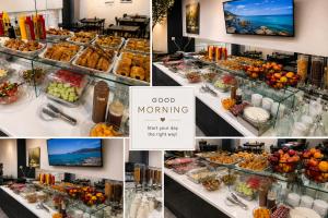 a collage of photos of a buffet with food at New Amaryllis Hotel in Athens