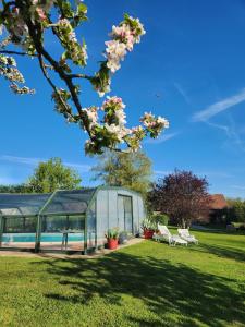 a glass greenhouse with two chairs in a yard at Les Vergnes in Saint-Pardoux-le-Neuf