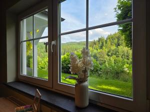 a vase with flowers in a window with a view at Ferienwohnung Talblick in Schmallenberg