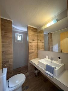 a bathroom with a sink and a toilet and a mirror at Villa Maria in Ofrínion +70 photos