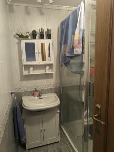 a small bathroom with a sink and a shower at Apartamento cerca de Haro in San Vicente de la Sonsierra