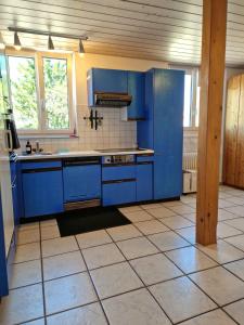 a kitchen with blue cabinets and a tile floor at Casa Maria West in Solothurn