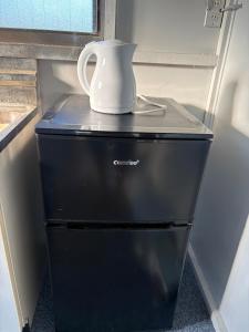a white vase on top of a black refrigerator at 海っぺりー作田 in Katakai