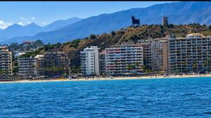 a cat statue on top of a building on a beach at Departamento en Fuengirola-Cerca del mar in Fuengirola