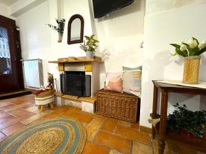 a living room with a fireplace and a rug at La Dolce Casa Centre Free Parking Family in Celano