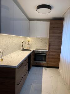 a kitchen with a sink and a counter top at Mājīgie Apartamenti Saldū in Saldus +4 photos