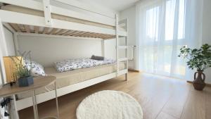 a bedroom with a bunk bed and a table at Basel Haven in Münchenstein