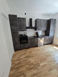 a kitchen with stainless steel appliances and a wooden floor at Appartamento Saffi in Faenza
