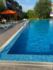 a large blue swimming pool with an orange umbrella at Beside Gardens in Otopeni