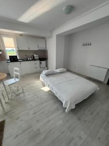 a white room with a bed and a kitchen at Beside Gardens in Otopeni +12 photos