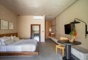 ein Schlafzimmer mit einem Bett, einem Tisch und einem Fernseher in der Unterkunft Evva Pousada in Pôrto de Pedras
