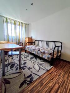 a living room with a bed and a table and a rug at Apartmán 24 in Medzilaborce