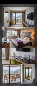 a collage of four pictures of a hotel room at Le Cocon des 2 Alpes, Spa, Jacuzzi, Piscine Chauffee in Les Deux Alpes
