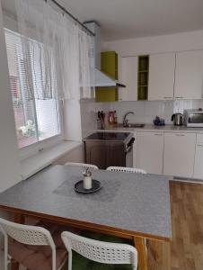 a kitchen with a table with a plate on it at Apartmán Sofie in Poděbrady