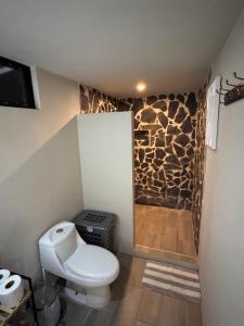 a bathroom with a toilet and a stone wall at Nani House in Montezuma