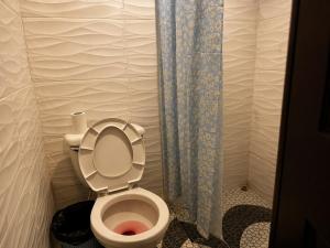 a bathroom with a toilet and a shower curtain at EL Viajero ll in Estelí +32 photos