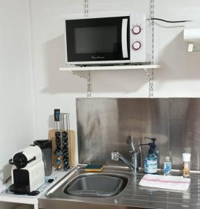 a kitchen counter with a sink and a microwave at Charmant studio - Centre historique de Crémieu in Crémieu