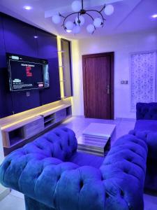 a living room with a blue couch and a tv at UG Apartment Lagos in Isagatedo
