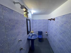a blue bathroom with a sink and a toilet at ocean breeze in Challi