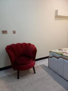 a red chair in a room next to a bed at Asghar Ali Resort in Lower Topa