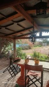 a patio with a table and chairs under a pergola at La Agraria in Junín
