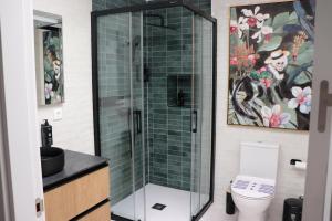a bathroom with a glass shower and a toilet at Diana Boutique Apartamentos in Mérida +37 photos
