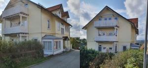 two pictures of a house next to a street at FeWo Sonja in Sankt Andreasberg